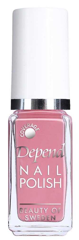 En rosa nagellacksflaska med vit kork märkt 'Depend Nail Polish' från Sverige.