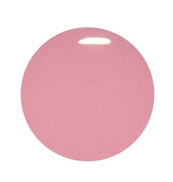 En rund rosa föremål med ett litet vitt oval inuti, ser ut som en minimalistisk design eller en logotyp.