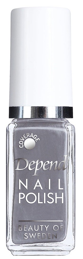 Grå nagellacksflaska med vit kork, märkt 'Depend' och 'Nail Polish' från Sverige.