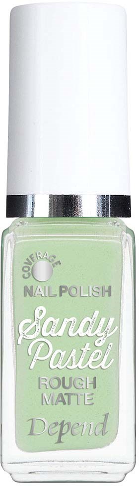 En ljusgrön nagellackflaska med vit och silverlock, märkt "Sandy Pastel" och "Depend".