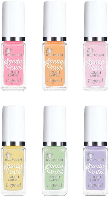 Sex nagellackflaskor i pastellfärger: rosa, orange, gul, grön, lila och ljusare rosa, alla med vita lock.