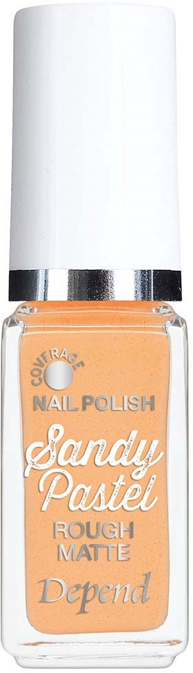 En nagellackflaska med en apelsinfärgad etikett, vit kork och silverband, märkt 'Sandy Pastel' och 'Rough Matte'