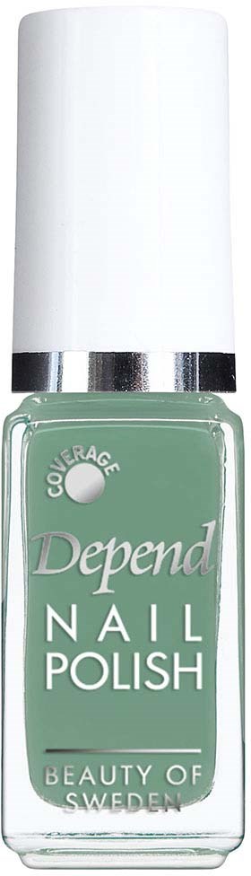 En flaska nagellack i grönt med en vit tratt. Det står "Depend Nail Polish" från Sverige.