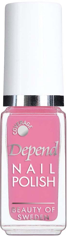 Roze nagellak in een doorschijnbare fles met witte dop en zilveren band, label 'Depend Nail Polish'.