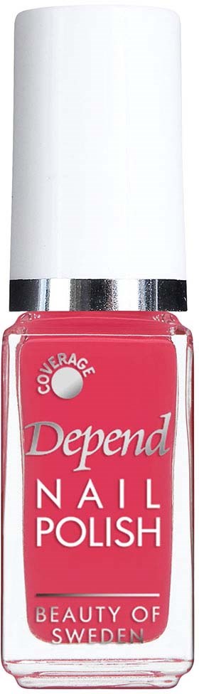 Een roze nailpolishfles met witte en zilveren dop, gelabeld 'Depend Nail Polish' uit Zweden.