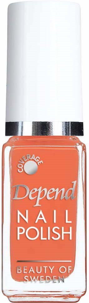 Een coralroze fles Depend nagellak met een witte dop en zilveren band.