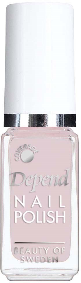 En flaska nagellack i rosa med vit lock och silverremsa, märkt 'Depend Nail Polish' från Beauty of Sweden.
