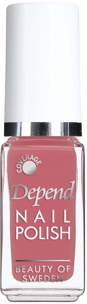 Een roze nagellak fles met een witte dop en zilveren band, gelabeld 'Depend,' 'Nail Polish,' en 'Beauty of Sweden.'