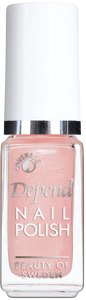 Roze nagellakfles met witte dop en zilveren band, met tekst "Depend" en "Nail Polish."