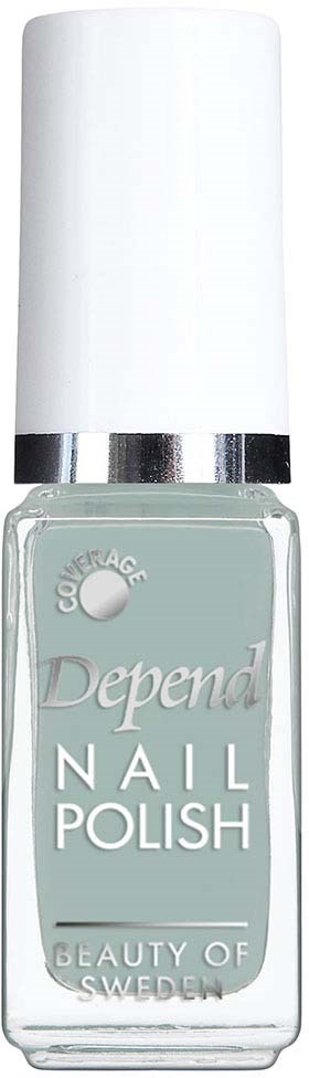 Een flesje lichtgroene nagellak met een witte dop en zilveren band, gemerkt "Depend Nail Polish."