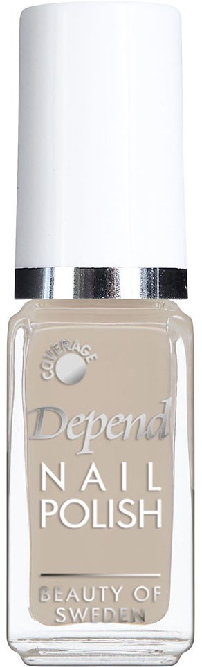 En flaska beige nagellack märkt 'Depend' från Sverige med svart lock.