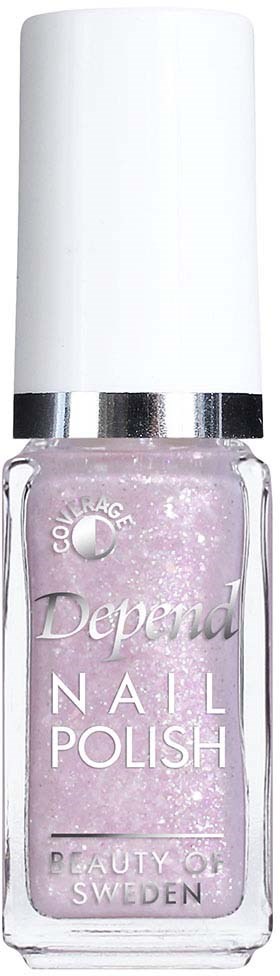 En flaska ljuslila nagellack med vit kork, märkt 'Depend Nail Polish' från Sverige.