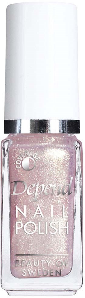 En rosa nagellacksflaska med vit toppen. Den är märkt "Depend Nail Polish" från Sverige.