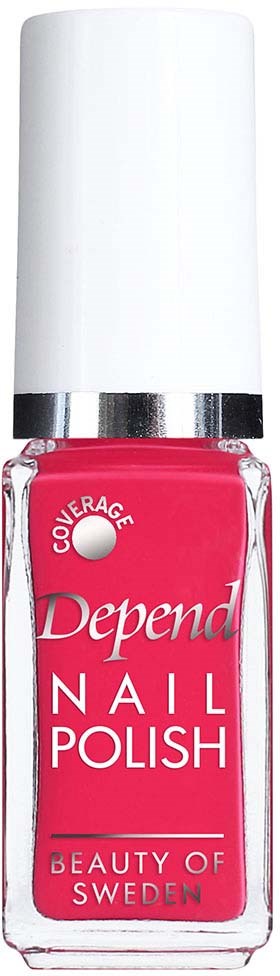 Ljusrosa flaska med Depend nagellack med vit lock, märkt 'Beauty of Sweden,' täcker nagelbehov.