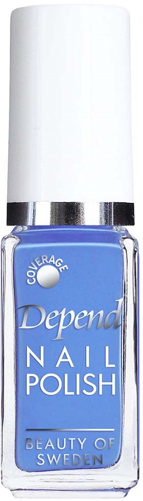 En blå nagellackflaska med vit kork och silverband, märkt "Depend Nail Polish."