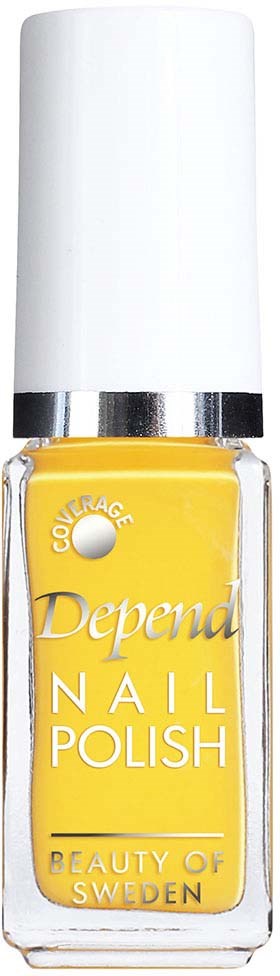 Ljusgul nagellackflaska med vit lock, märkt "Depend Nail Polish" från Sverige.