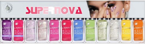 Färgglada nagellackflaskor från Depend i rosa, lila, vitt, grönt, gult och orange.