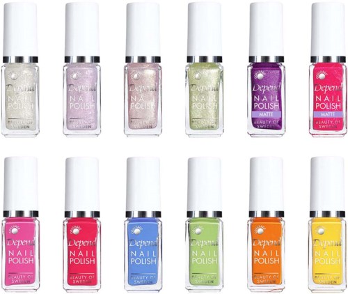 En samling av 12 nagellack i olika färger som är upptagna i två rader på en vit bakgrund.