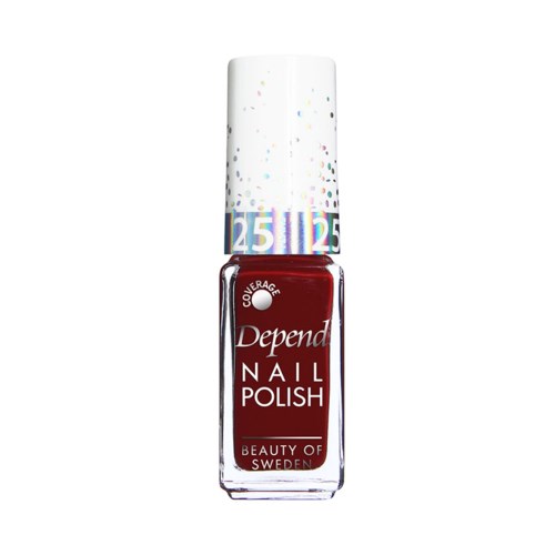 En flaska med röd nagellack med ett vitt lock som visar siffror och färgglada prickar. Etiketten säger Depend Nail Polish.