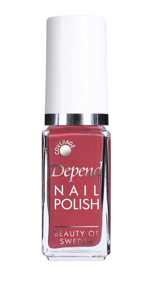 Rosa nagellack i en genomskinlig flaska med vit kork, märkt "Depends" och "Nail Polish".
