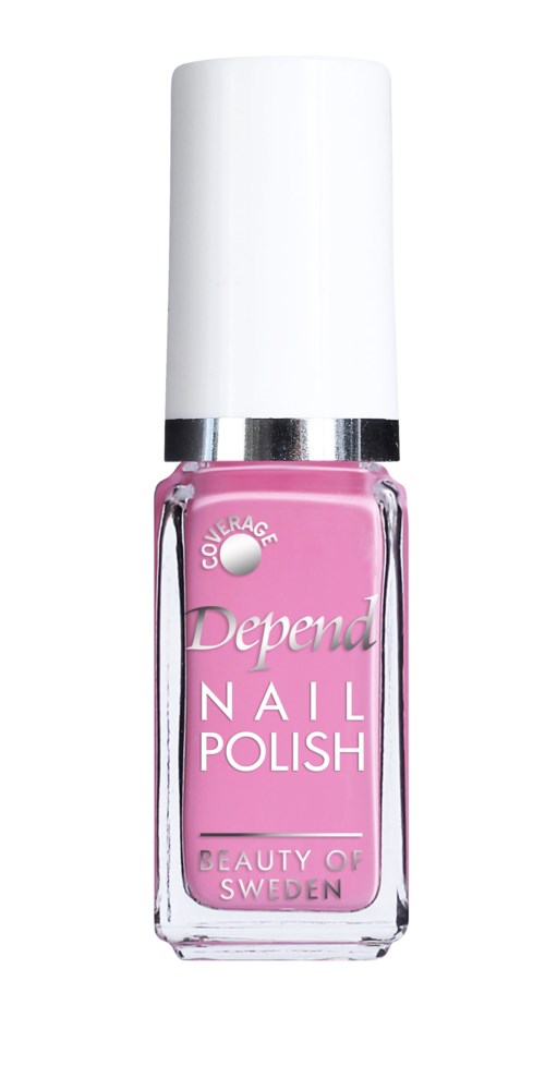 Rodnålackflaska med vit kork, märkt 'Depena Nail Polish' och 'Beauty of Sweden' på framsidan.