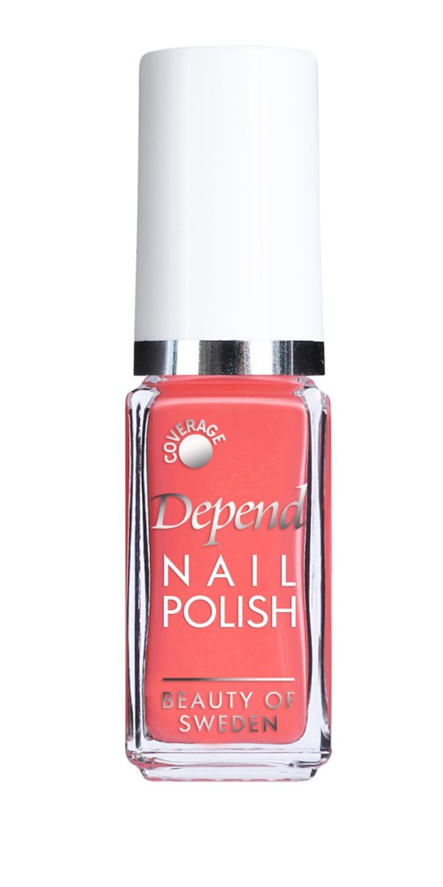 Rodnag lackeringsflaska med vit kork och silverrand, märkt "Depend Nail Polish" från Sverige.