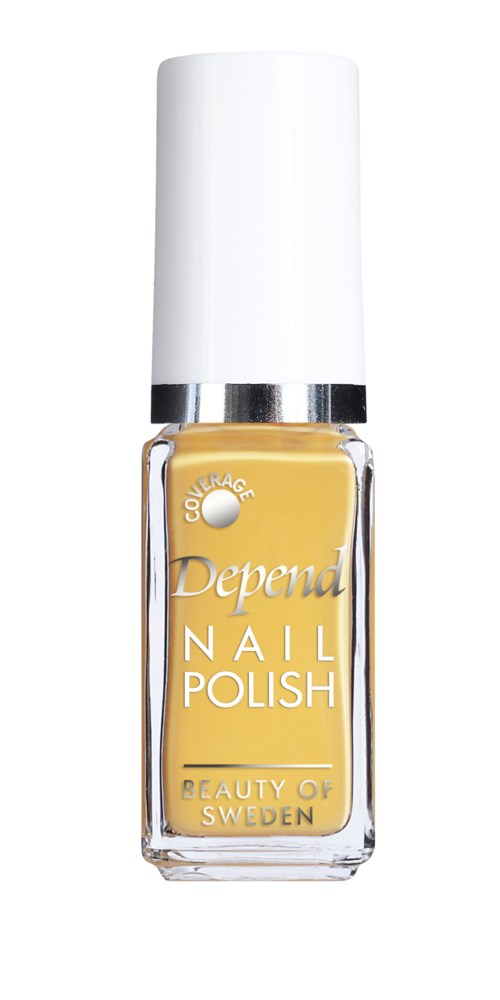 En flaska gul nagellack med vit lock och silverband, märkt 'Depend' och 'Beauty of Sweden'.