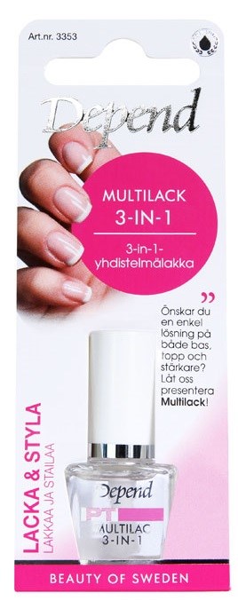 Butelka lakieru do paznokci na różowym i białym opakowaniu. Dłoń trzyma butelkę, pokazując paznokcie. Tekst promuje produkt 3-w-1 do paznokci.