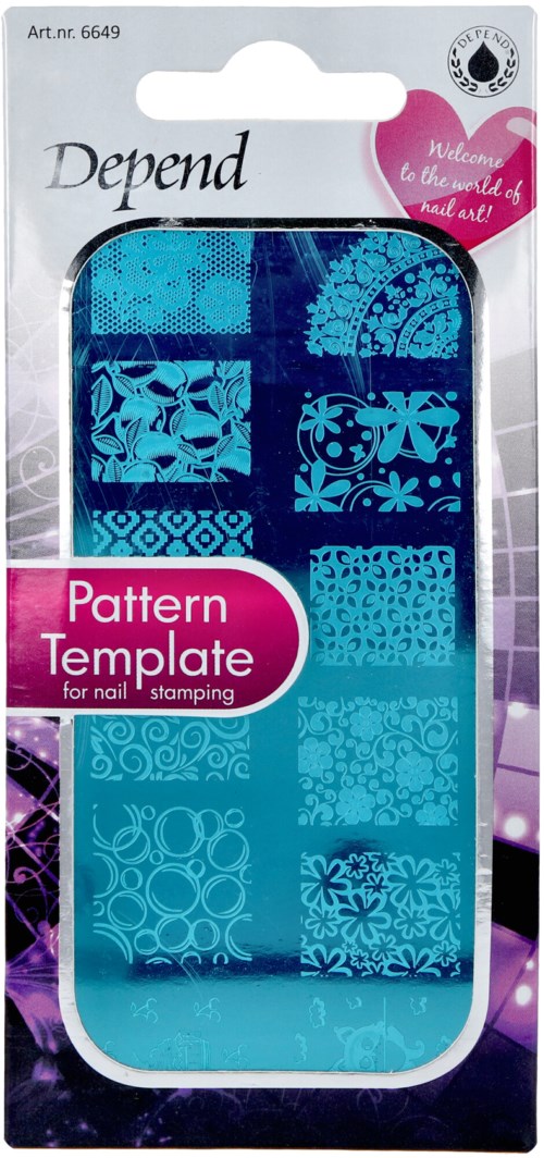 En förpackning med blå nagelstämplingsmallar med olika mönster, märkta som Depend Pattern Template.