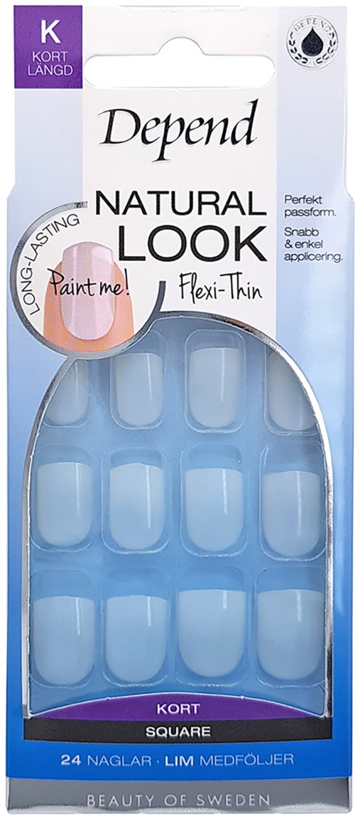 Ett paket med klara, små fyrkantiga nagelklistermärken för naturligt utseende och hållbart bruk. 24 stycken i låda.