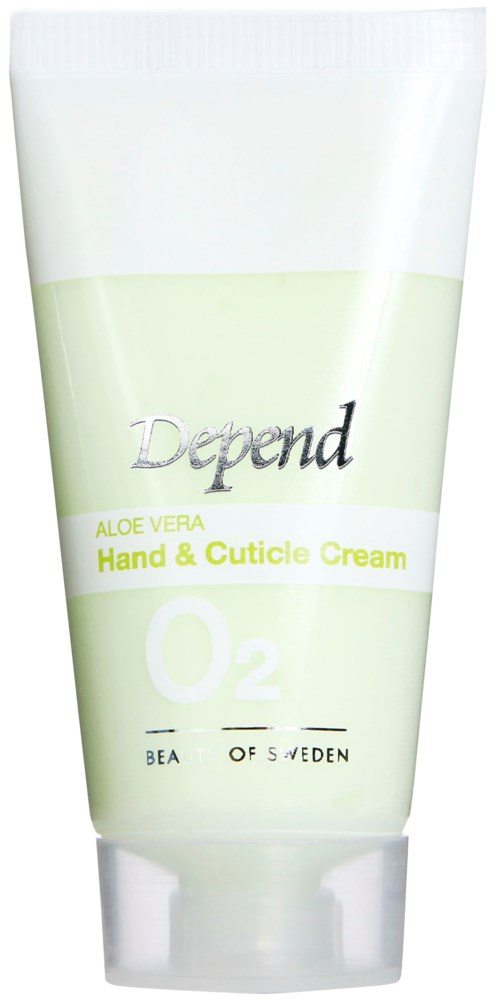 En hvit og grønn tube merket 'Depend Aloe Vera Hand & Cuticle Cream' med ordene 'O2 Bea of Sweden'.
