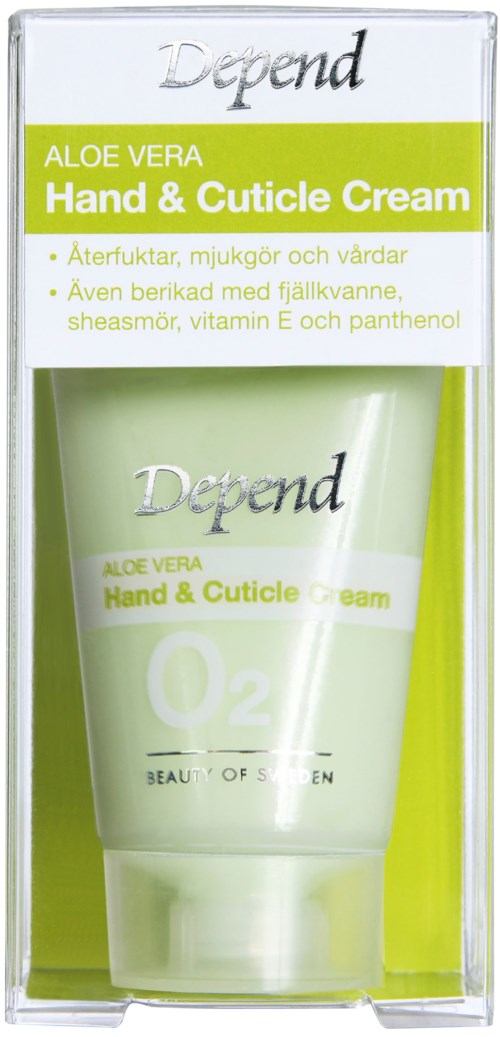 Boksen viser gel for hender og neglebånd med aloe vera, hvite og grønne farger, og produktnavn 'Depend' og beskrivelse.