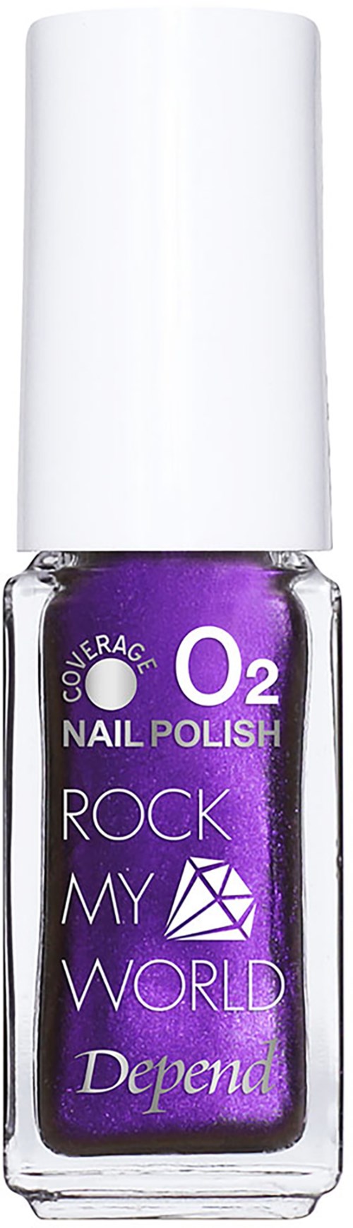 Lila nagellackflaska med vit lock, etiketten säger "O2 Nail Polish. Rock My World."