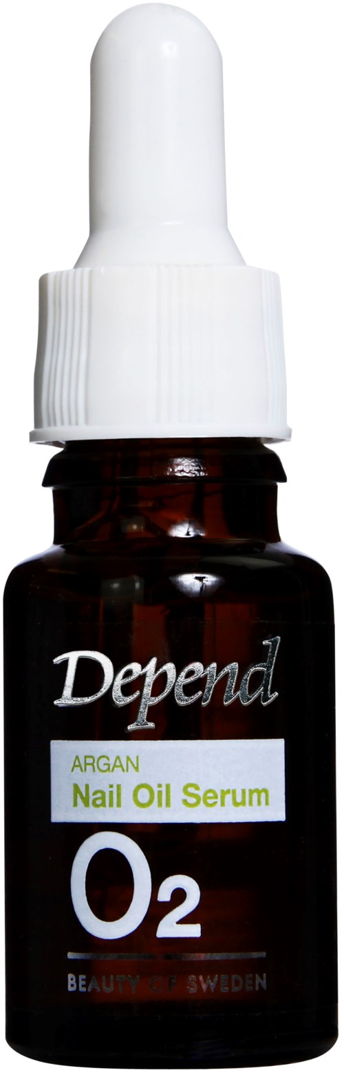 Liten brun flaske med hvit dråpehette, merket Depend Argon Nail Oil Serum, O2, for neglepleie.