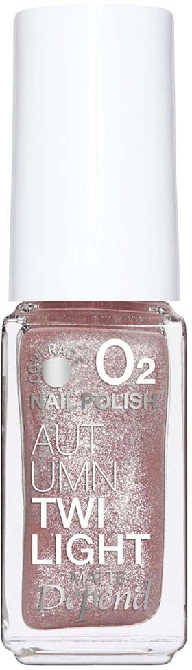 En nagellackflaska med en ljus rosa färg och en vit kork, märk gö`l 'O2 Nail Polish Auto U M Twi Light.'