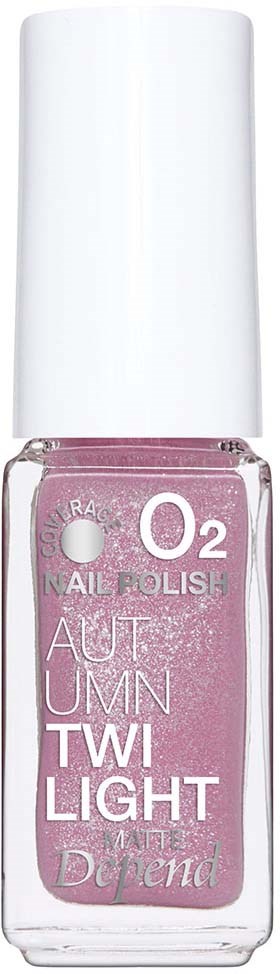 Lila nagellackflaska med vit kork och text som visar 'O2', 'Nail Polish' och 'Twi Light'.