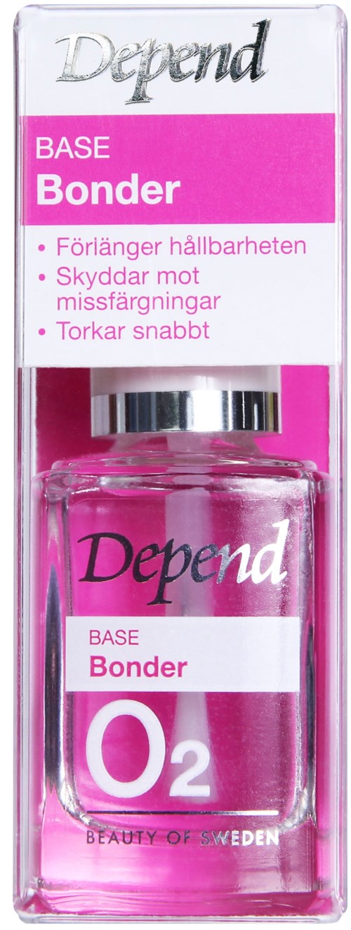 En liten klar flaska med rosa vätska inuti, märkt "Depend Bonder," med rosa och vit förpackning.