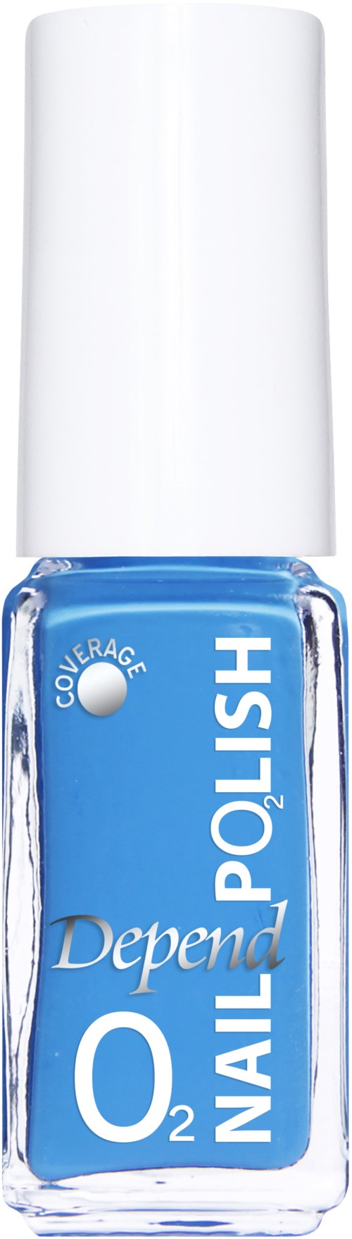 En blå neglelakkflaske med hvit lokk. Labelen sier "Depend Nail Polish" og viser dekningsnivå.