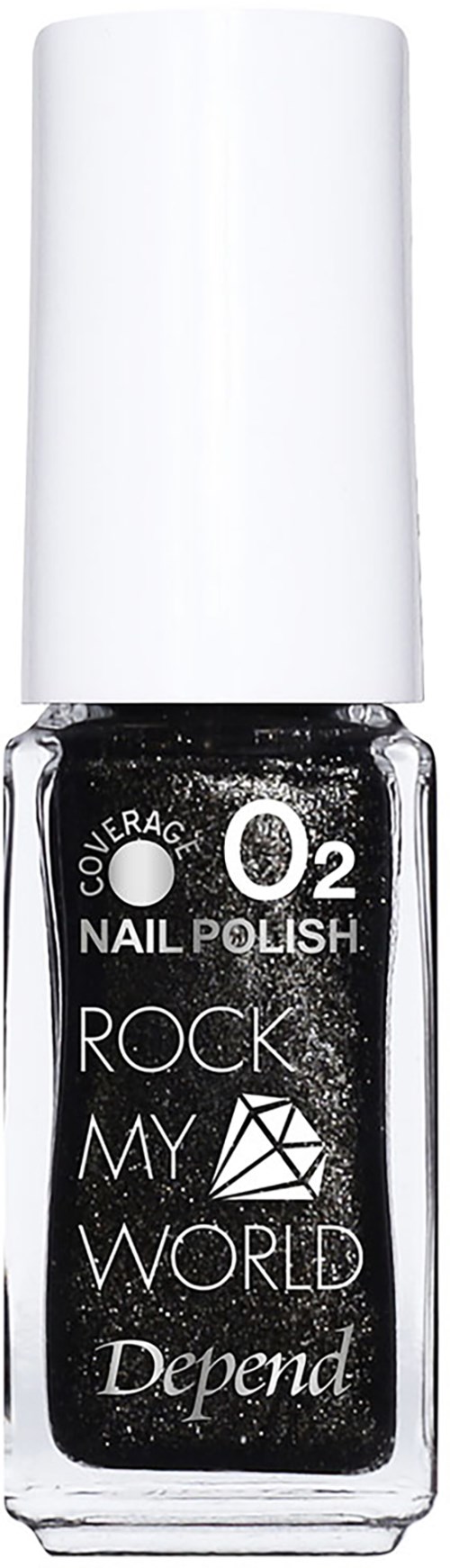 Svart nagellackflaska med vit kork, märkt 'O2 Nail Polish Rock My World Depend.'