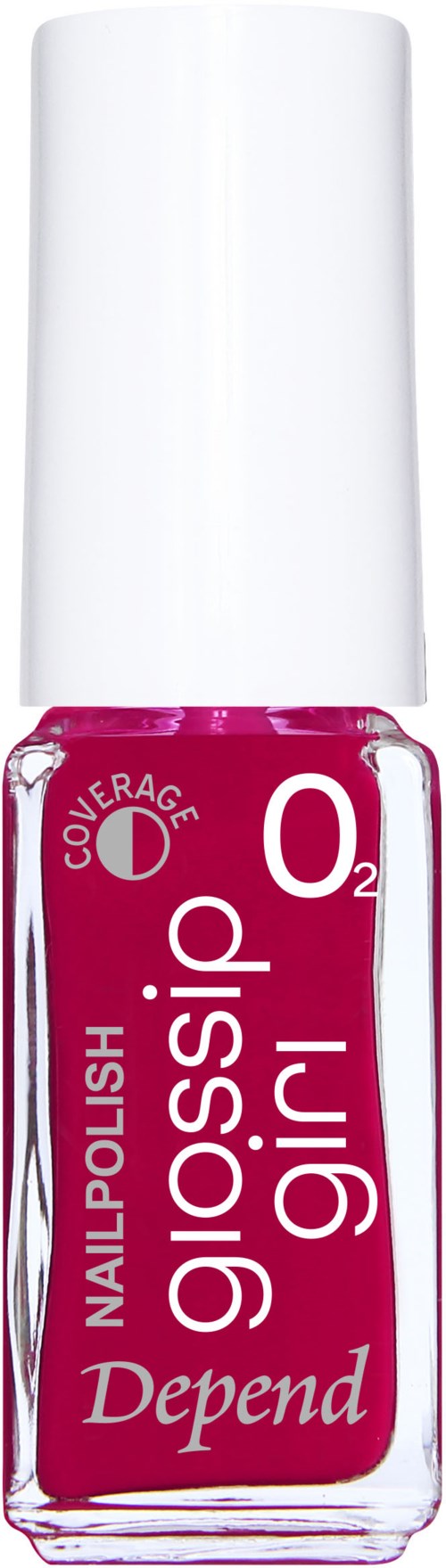 En flaska nagellack från Depend i rosa med vit kork, märkt med märke och produktdetaljer.