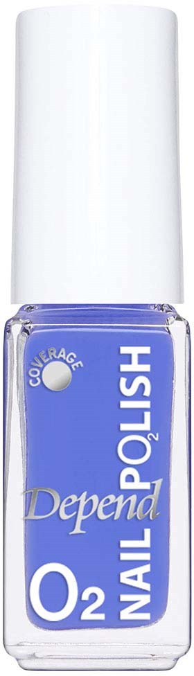 En lila nagellacksflaska med vit lock, märkt 'Depend O2 Nail Polish' och 'Coverage'.