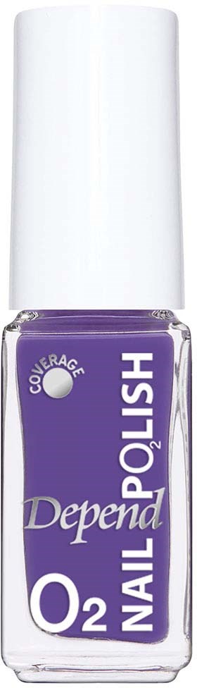 En lila nagellackflaska med vit kork, märkt 'Depend O2 Nail Polish' för friska naglar.