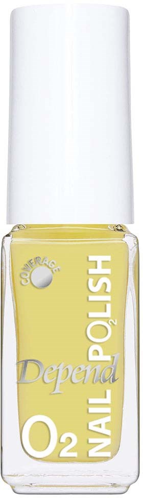 En flaska gul nagellack med vitt lock, märkt 'Depend 0.2 O2 Nail Polish'.