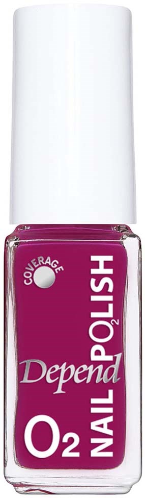 En flaska Depend nagellack i lila med vitt lock, märkt med 'O2 Nail Polish' och täckningsindikation.