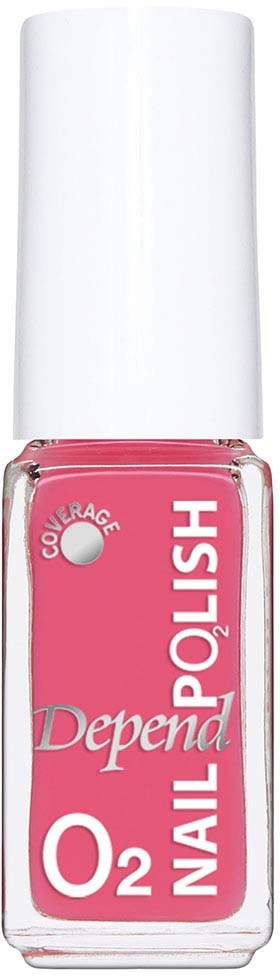 Ljusrosa nagellackflaska med vit lock, indikerar syreskydd och märket Depend.