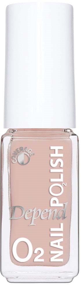 En genomskinlig nagellacksflaska med vit lock, märkt "O2 Nail Polish" och "Depend" i silver och vitt.