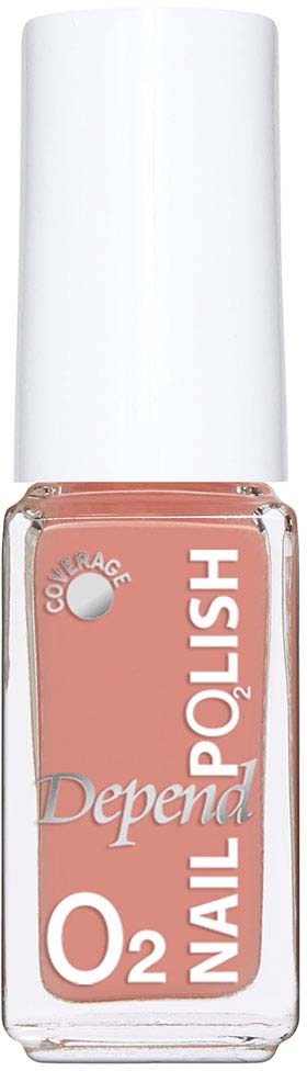 Klar nagellackflaska med rosa färg, vit kork och stor vit text, 'O2 NAIL POLISH'.