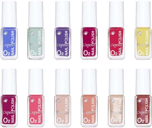 Collection of 12 colorful nail polish bottles arranged in two rows. Each bottle has a white cap and colorful label.