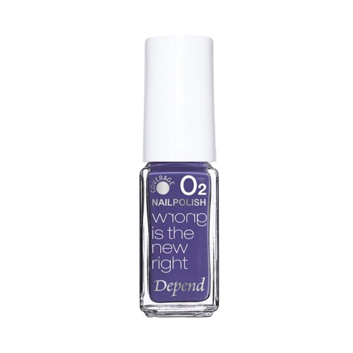 Lila nagellackflaska med vit lock, märkt 'Depend' och 'O2 Nail Polish'.