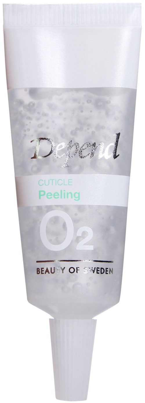 En tube med peelinggel med hvit og klar emballasje, merket 'Dercuv' og 'Cuticle Peeling,' fra Sverige.